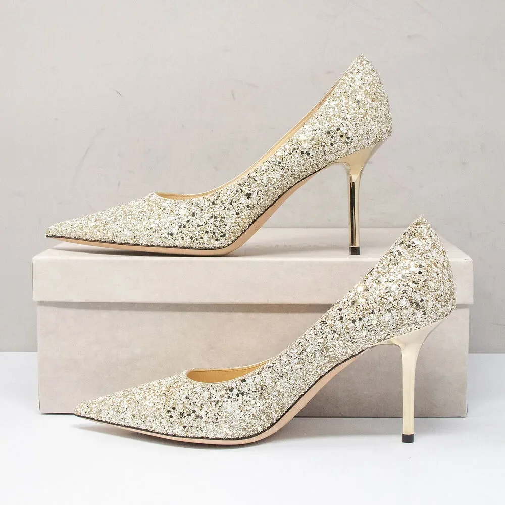 Jimmy Choo Gold Glitter Pointed-Toe Heels - Picture 3 of 8